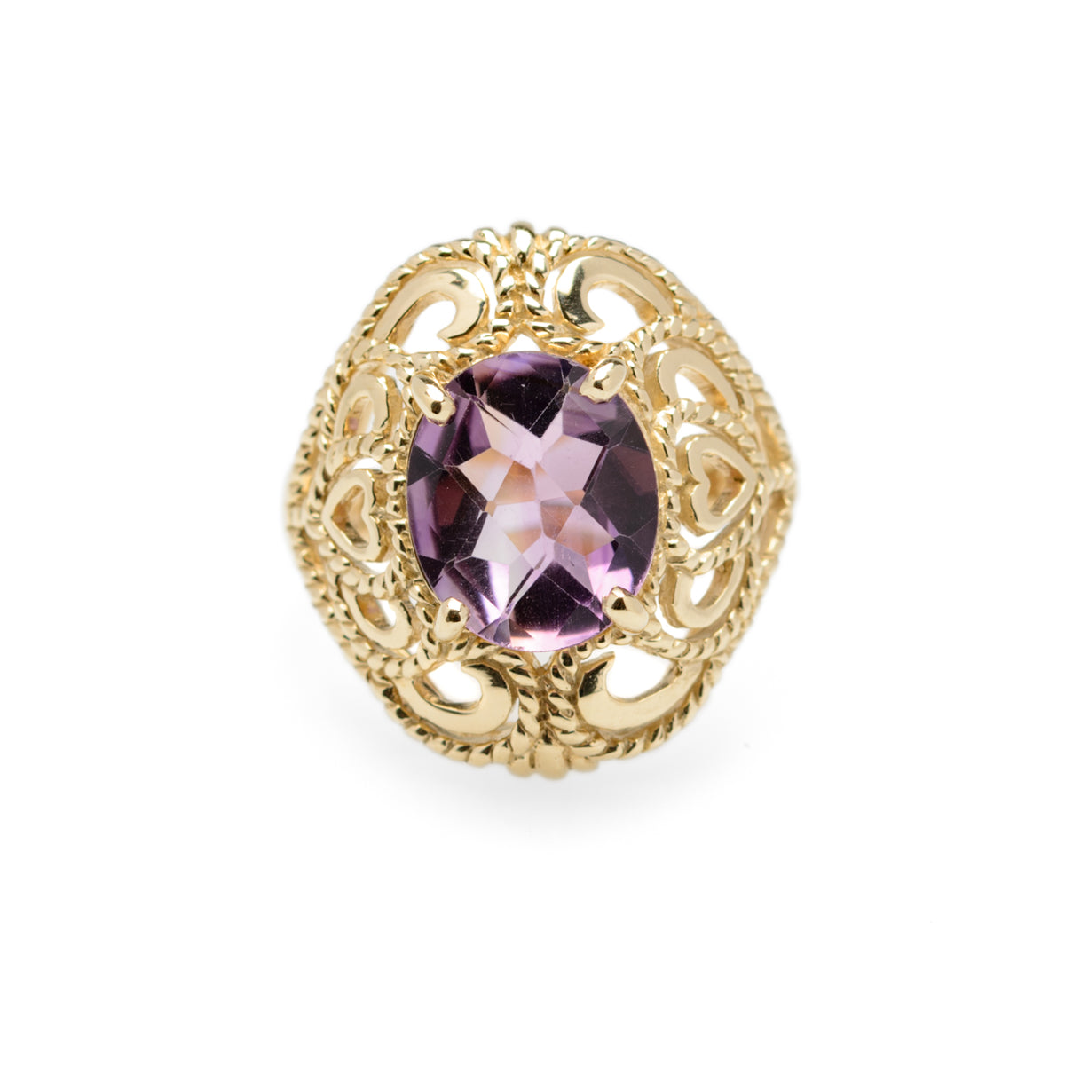 9ct Gold & 3.75 Carat Amethyst Large Cocktail Ring Filigree Heart Mount (Code A957)