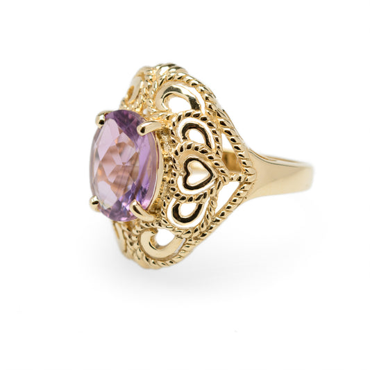 9ct Gold & 3.75 Carat Amethyst Large Cocktail Ring Filigree Heart Mount (Code A957)