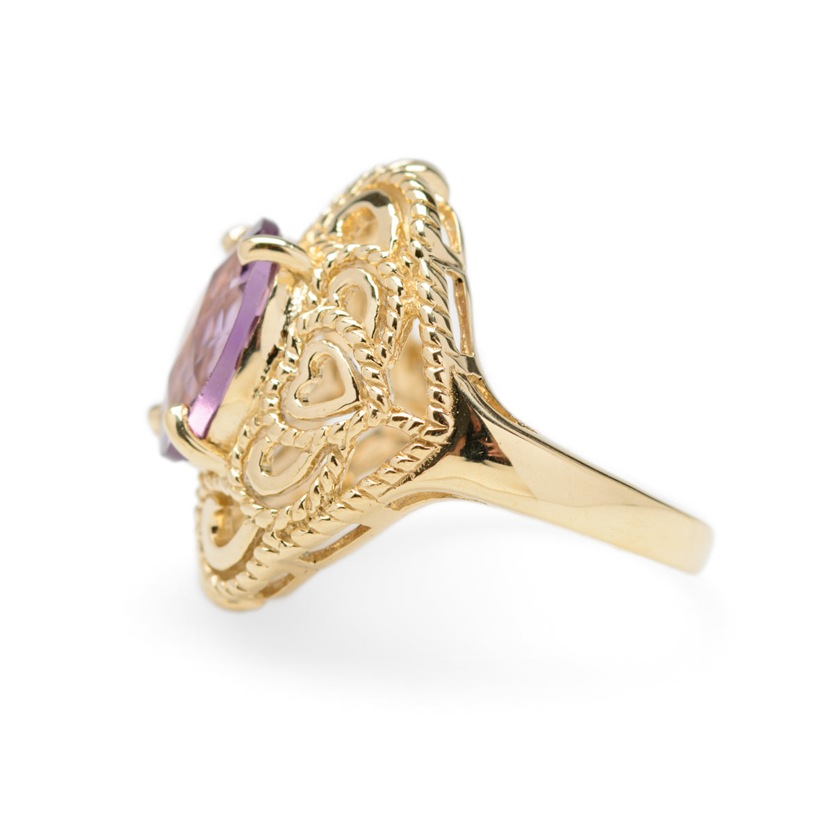 9ct Gold & 3.75 Carat Amethyst Large Cocktail Ring Filigree Heart Mount (Code A957)