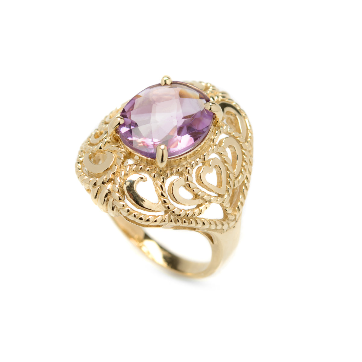 9ct Gold & 3.75 Carat Amethyst Large Cocktail Ring Filigree Heart Mount (Code A957)