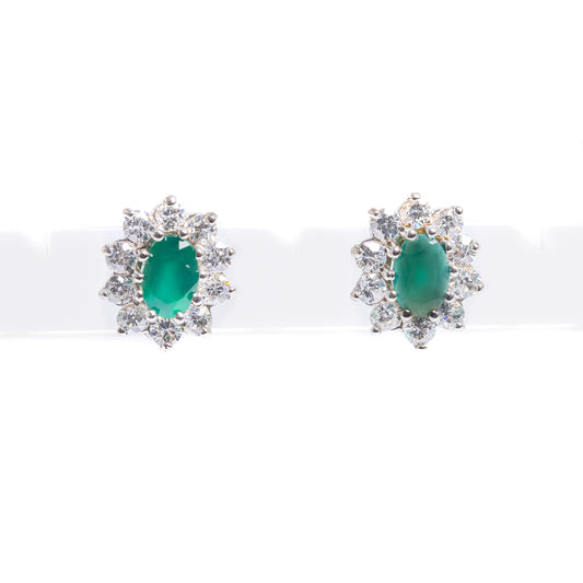 Pair 9ct Gold Chrysoprase & Cubic Zirconia Halo Stud Earrings Butterfly Backs (Code A979)