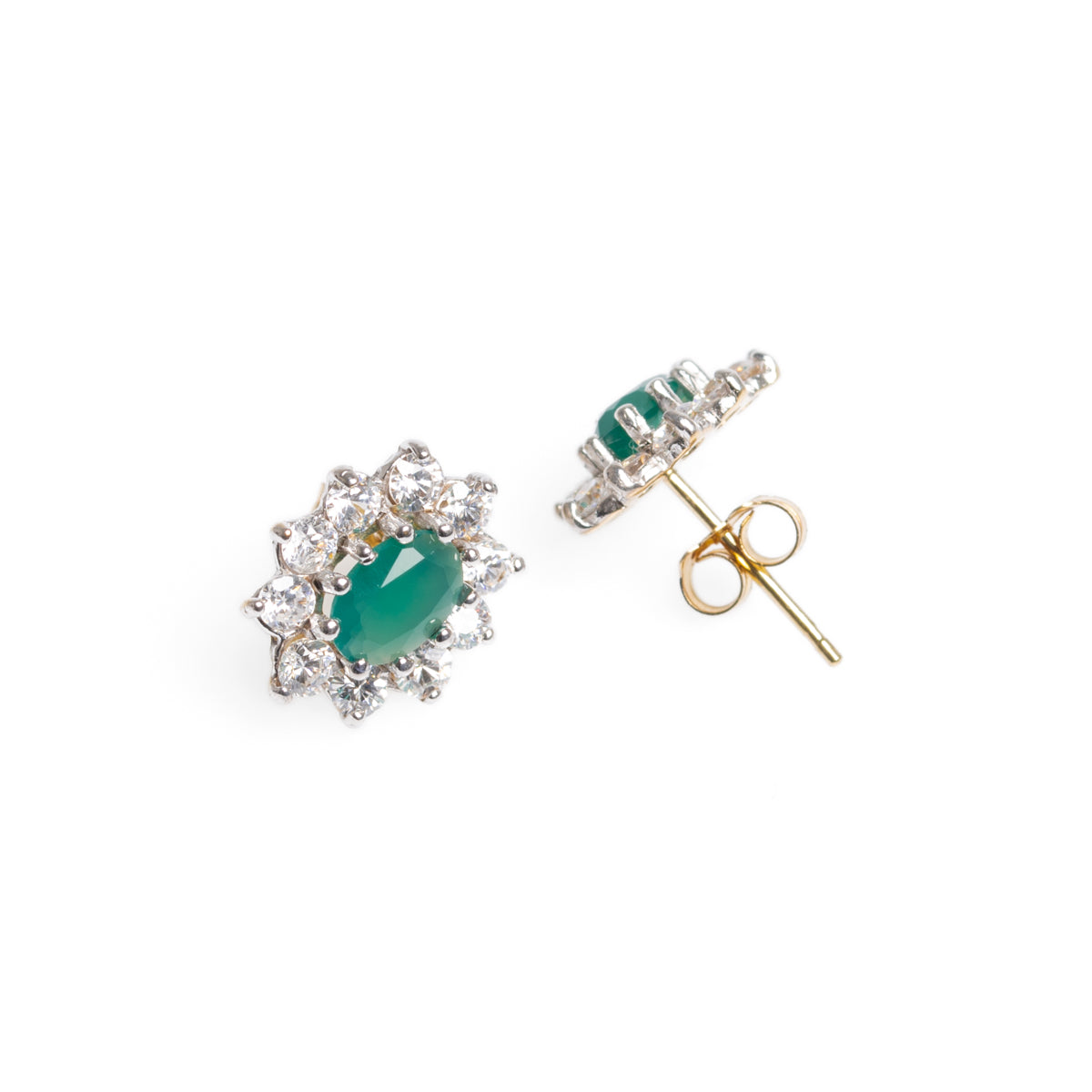 Pair 9ct Gold Chrysoprase & Cubic Zirconia Halo Stud Earrings Butterfly Backs (Code A979)