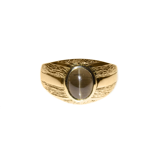 Unisex 9ct Gold Ring With Cats Eye Sillimanite Cabochon Signet Design B'ham 2005 UK Size S (Code A999)