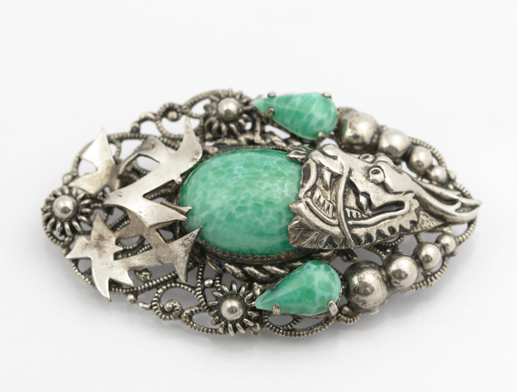Max Neiger Brothers Art Deco jade dragon brooch with Czech glass cabochons, c.1930
