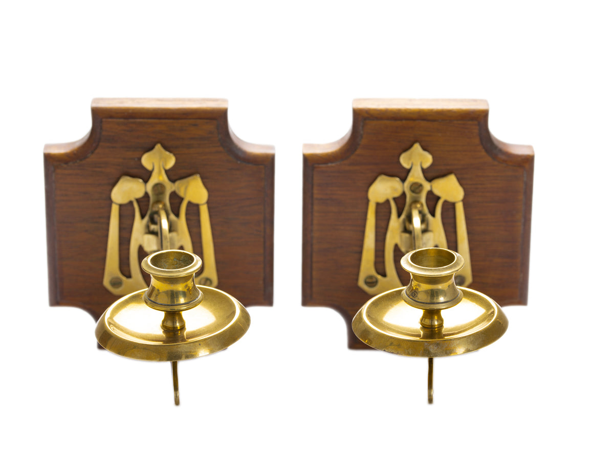 Pair Brass Wall Sconce Candlesticks On Wood Mounts Antique Art Nouveau c.1905 (3082)