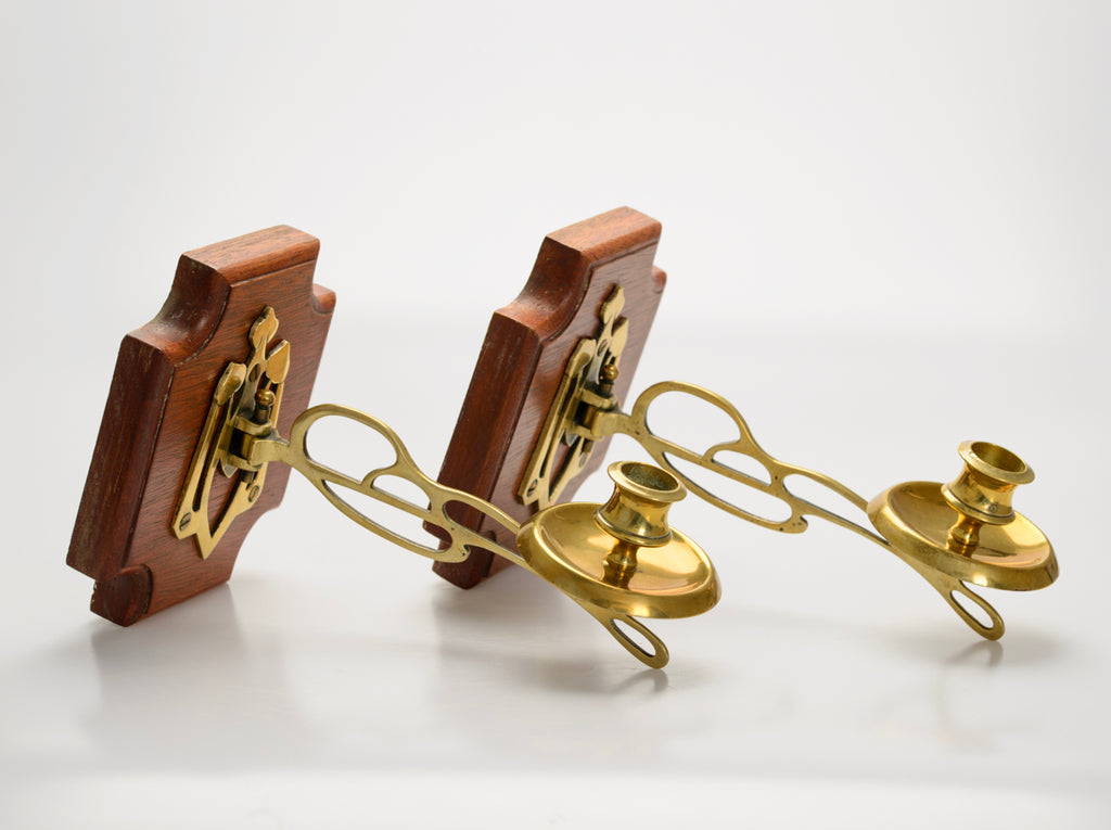 Pair Brass Wall Sconce Candlesticks On Wood Mounts Antique Art Nouveau c.1905 (3082)