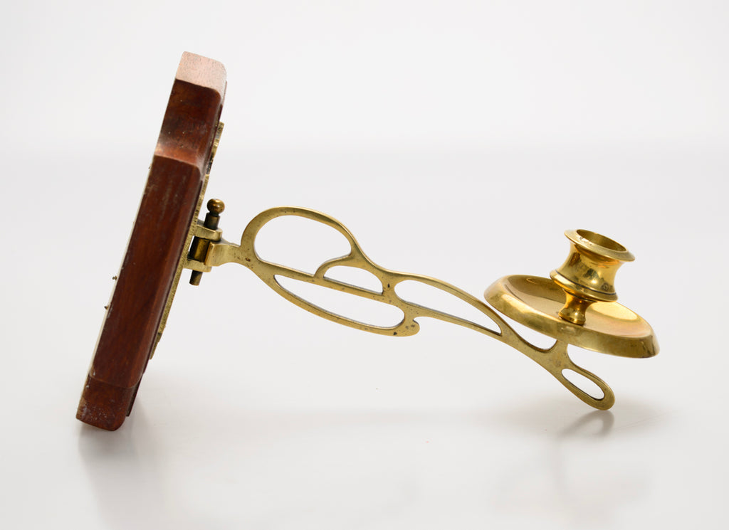Pair Brass Wall Sconce Candlesticks On Wood Mounts Antique Art Nouveau c.1905 (3082)