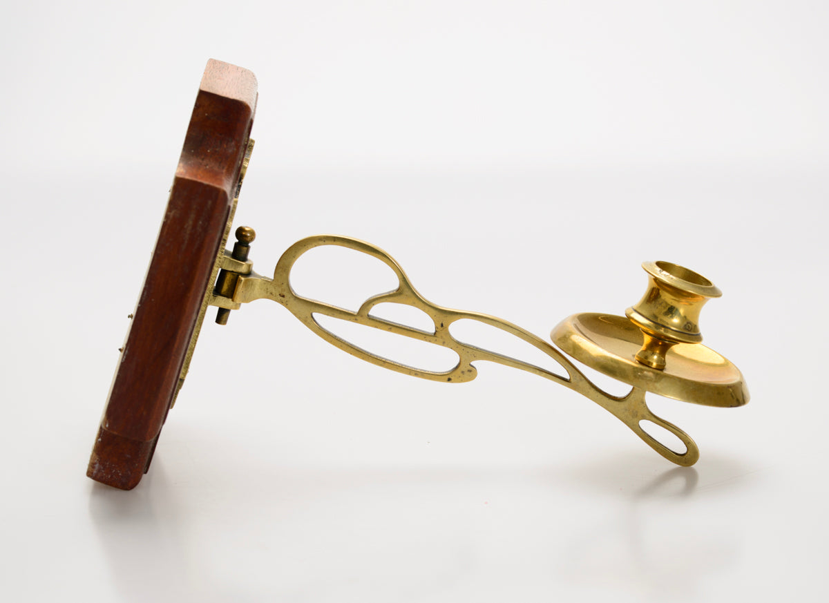 Pair Brass Wall Sconce Candlesticks On Wood Mounts Antique Art Nouveau c.1905 (3082)