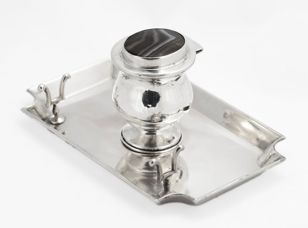 Antique Sterling Silver Inkwell & Pen Stand With Banded Agate Lid Edwardian 1907 (3107)