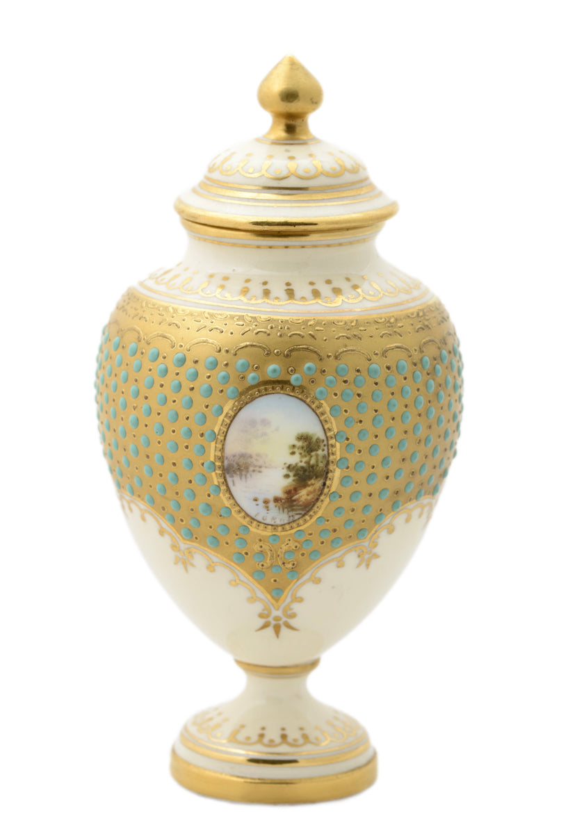 Antique Coalport Jewelled Turquoise Enamel Lidded Vase Loch Tay E O Ball (3109)