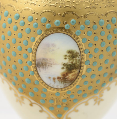 Antique Coalport Jewelled Turquoise Enamel Lidded Vase Loch Tay E O Ball (3109)