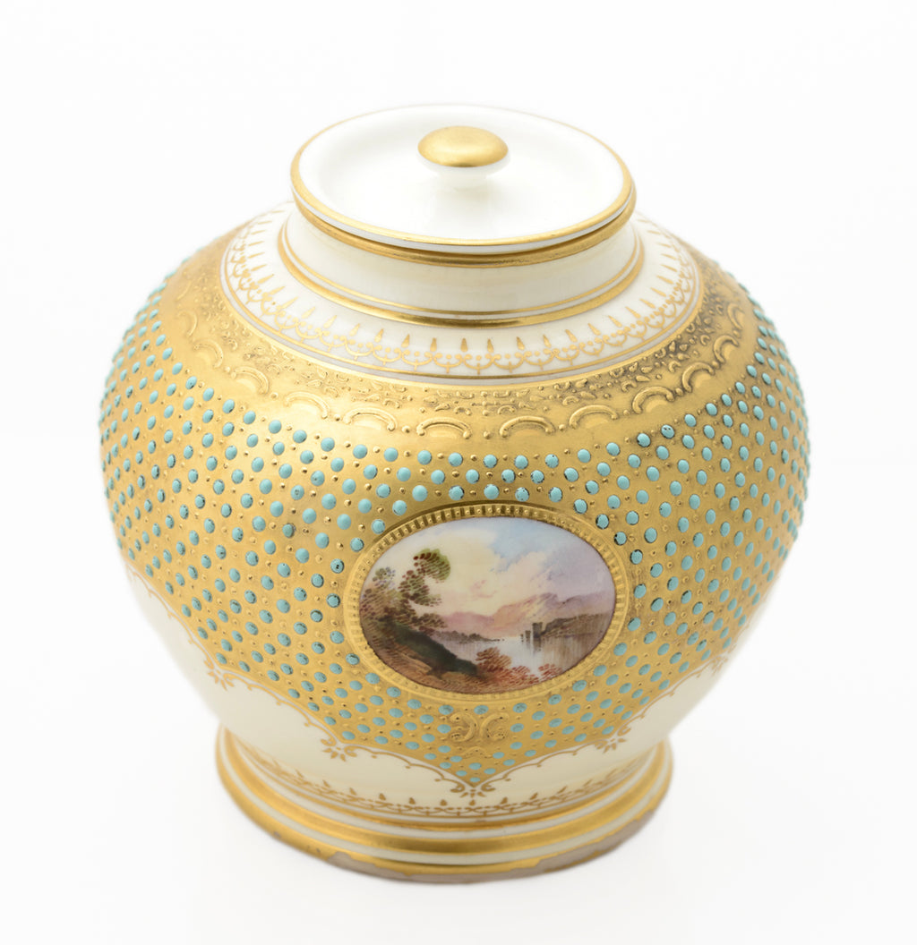 Antique Coalport Turquoise Jewelled Lidded Jar With Scottish Scene c.1910 (3110)