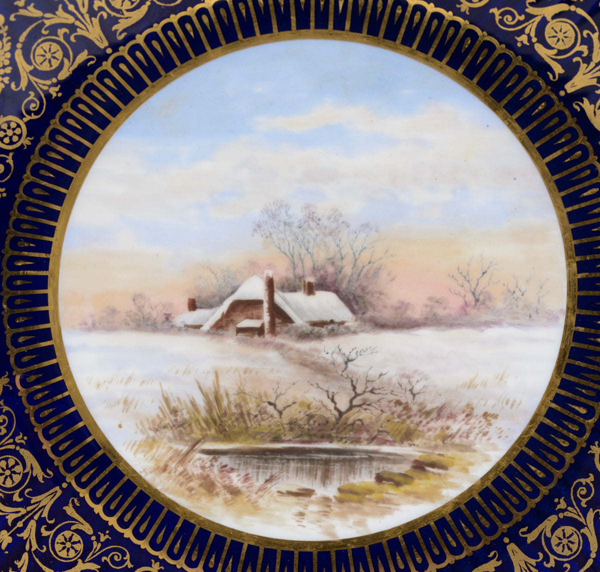 Antique Wedgwood China Hand Painted Dessert/Cabinet Plate Winter Cottage (3123)