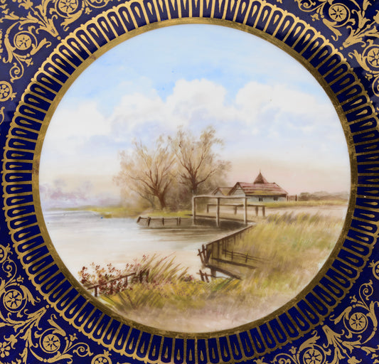 Antique Wedgwood China Hand Painted Dessert/Cabinet Plate Lakeside Bridge Scene (3128)