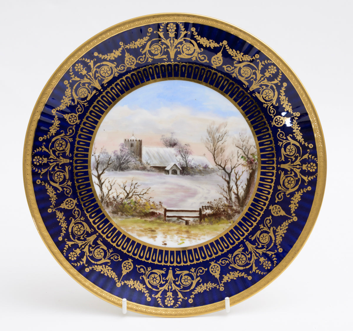 Antique Wedgwood China Hand Painted Dessert/Cabinet Plate Snowy Church Scene (3132)