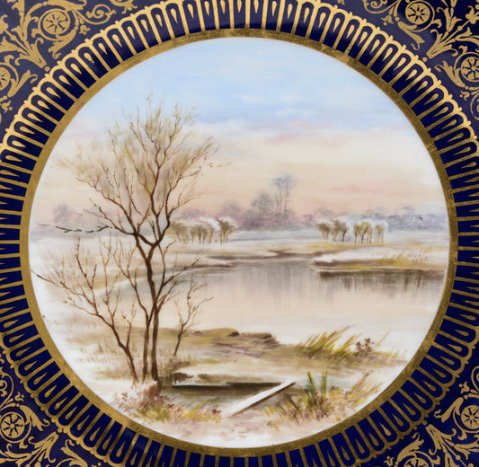 Antique Wedgwood China Hand Painted Dessert/Cabinet Plate Snowy Calm River Scene (3133)
