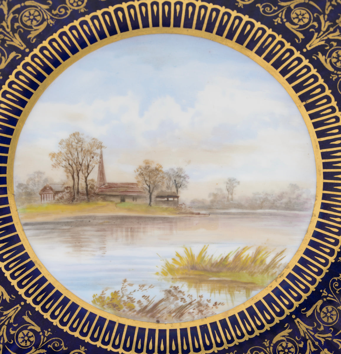 Antique Wedgwood China Hand Painted Tazza With Waterside Rural Church Scene (3137)