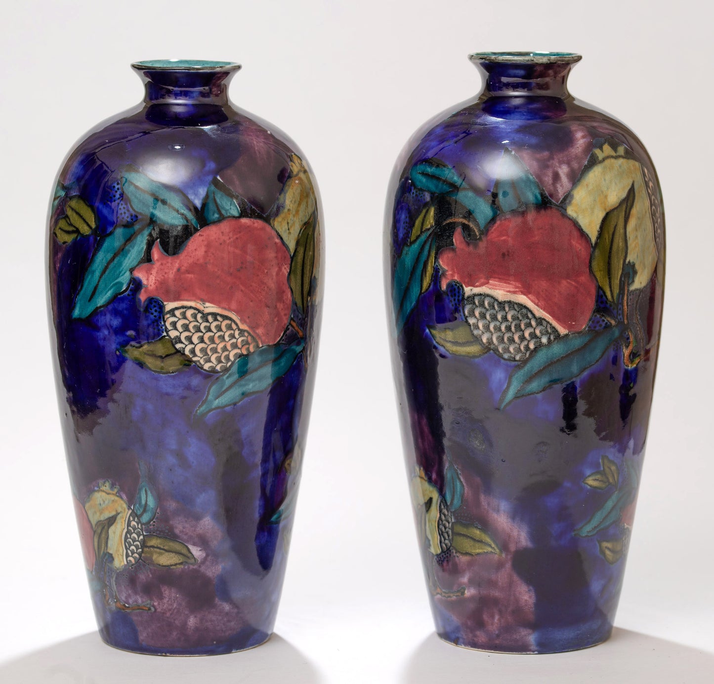 Pair S Hancock & Sons Rubens Ware Pomegranate Pattern Vases c1930 Art Deco (3159)