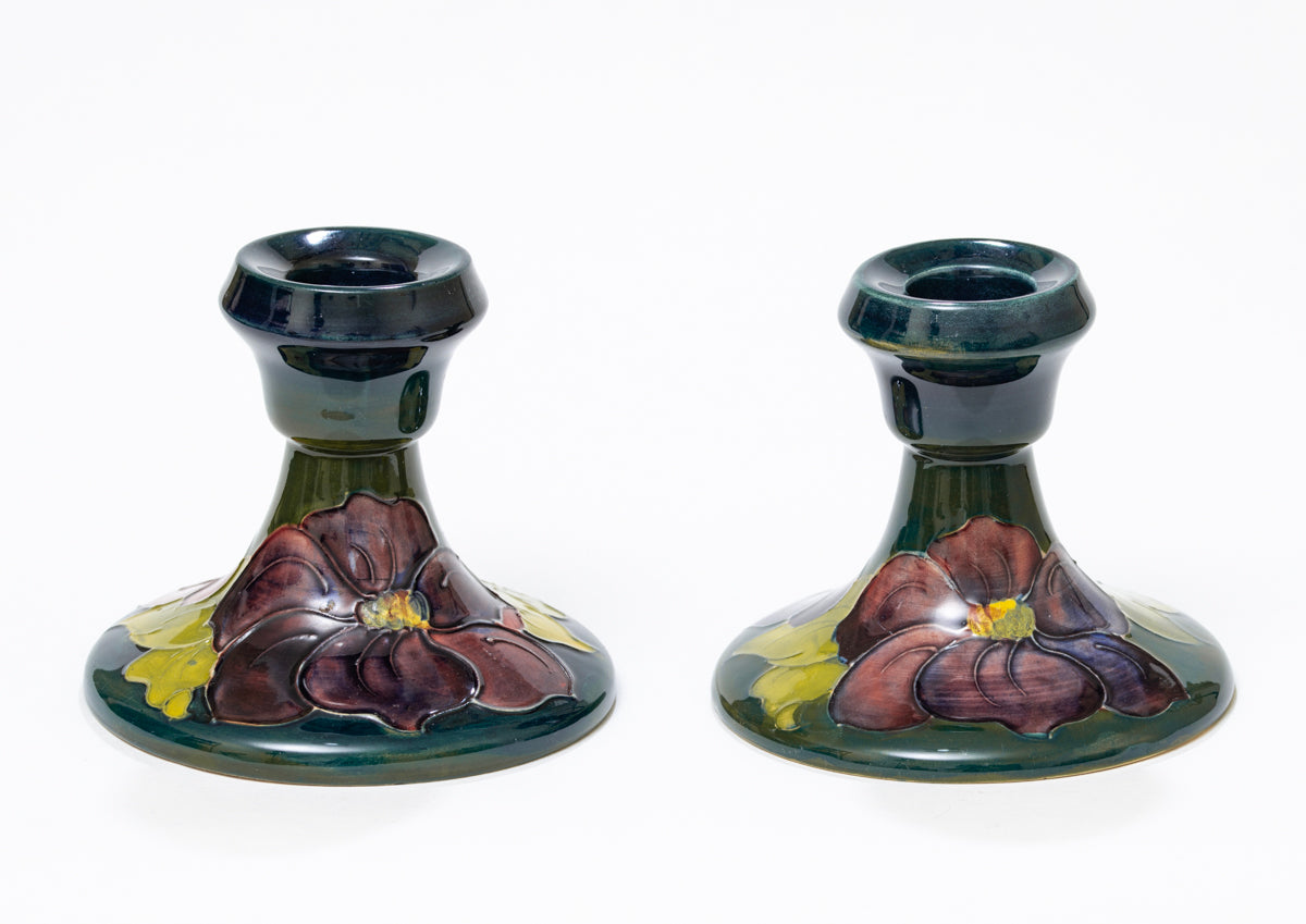 Pair Vintage Moorcroft Pottery Candlesticks Hibiscus Pattern Mid Century (3161)