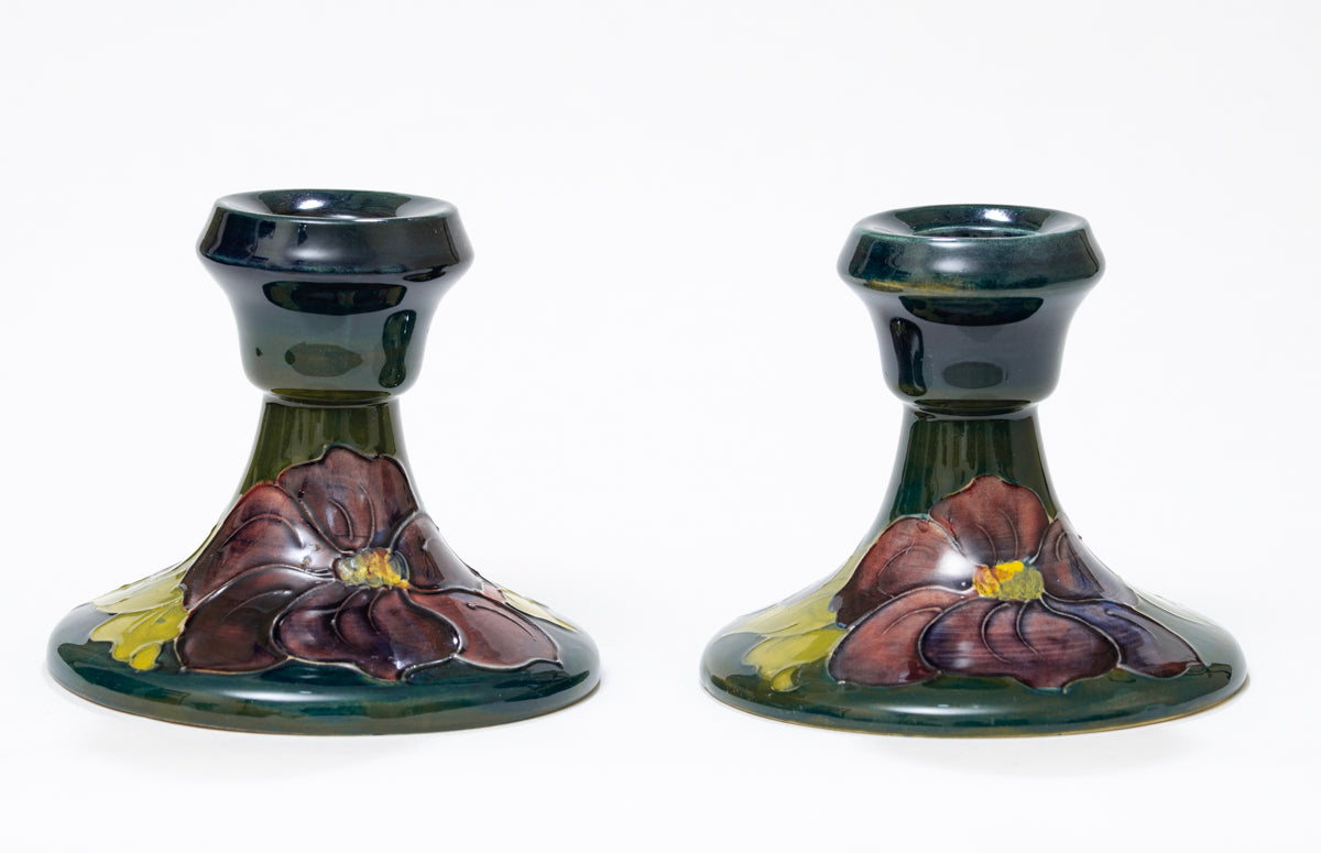 Pair Vintage Moorcroft Pottery Candlesticks Hibiscus Pattern Mid Century (3161)