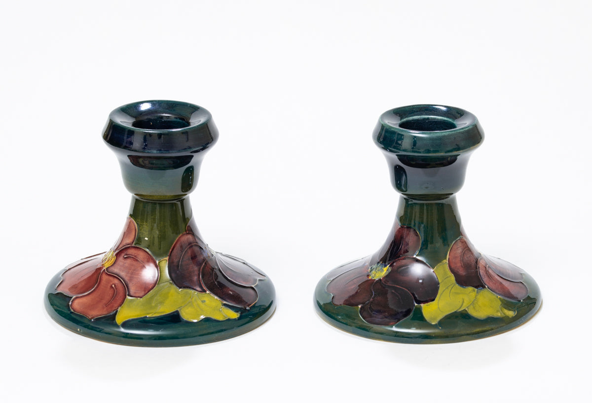 Pair Vintage Moorcroft Pottery Candlesticks Hibiscus Pattern Mid Century (3161)