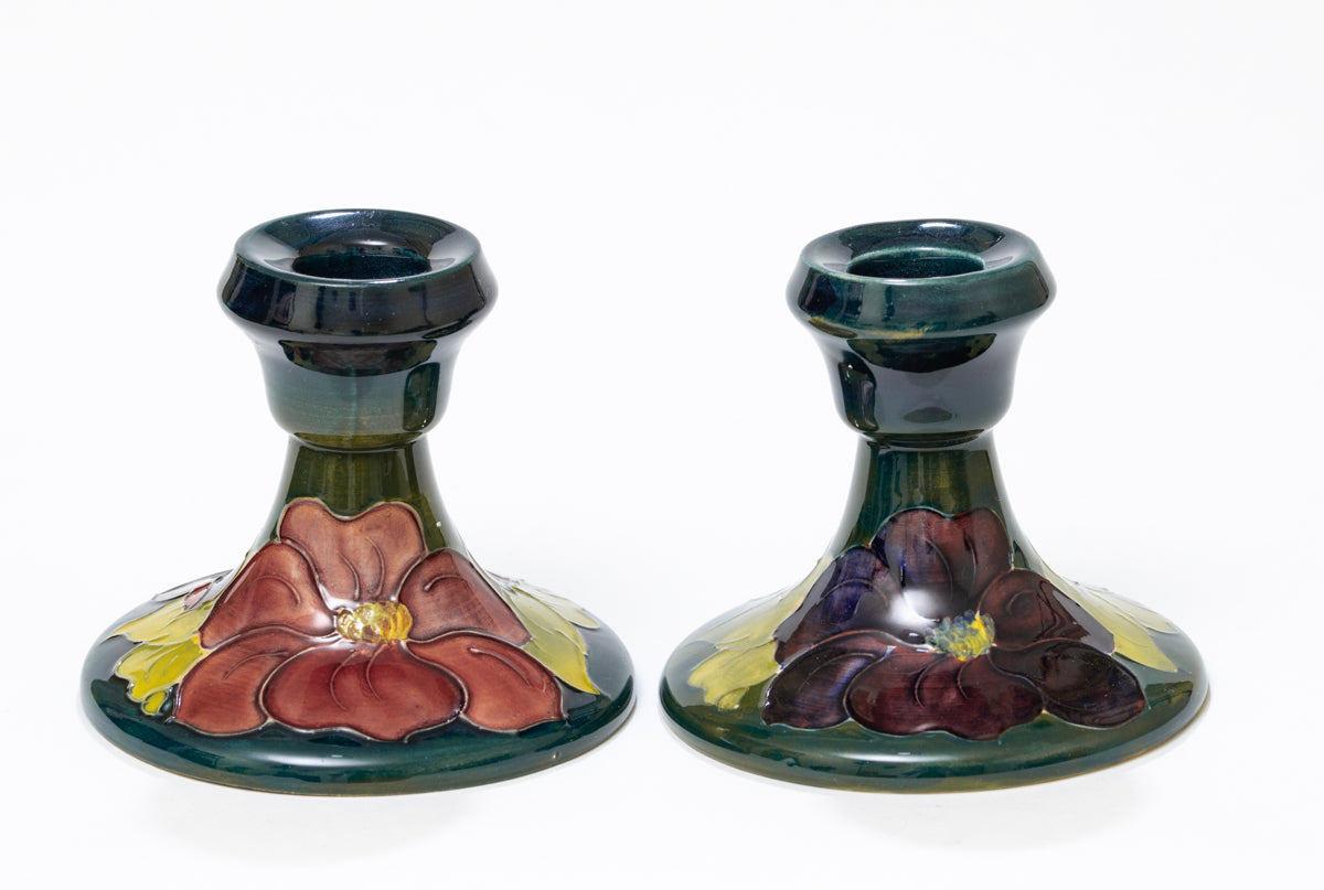 Pair Vintage Moorcroft Pottery Candlesticks Hibiscus Pattern Mid Century (3161)