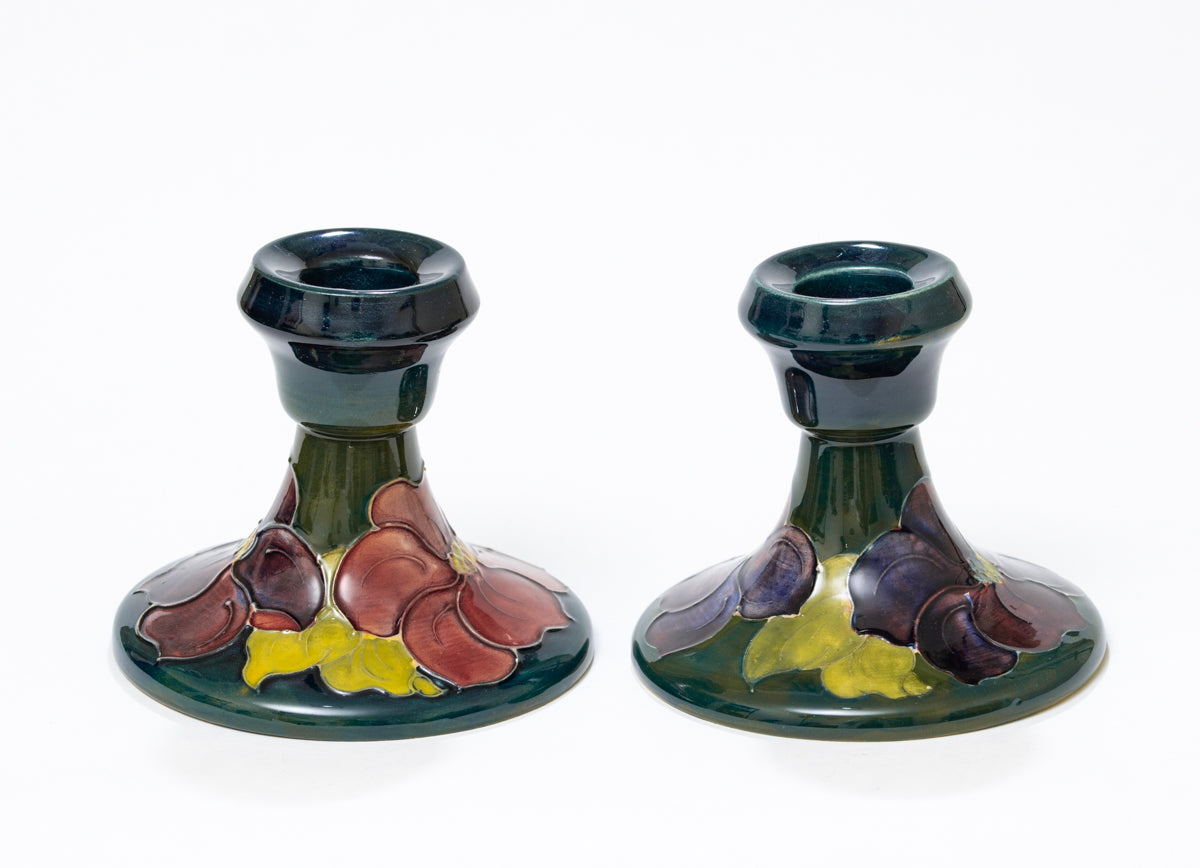 Pair Vintage Moorcroft Pottery Candlesticks Hibiscus Pattern Mid Century (3161)