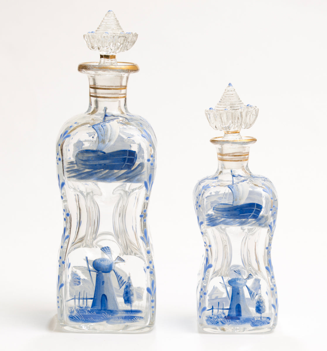 Two Antique Dutch Delft Hand Painted Glass Bottles/Kluck Decanters (3174)