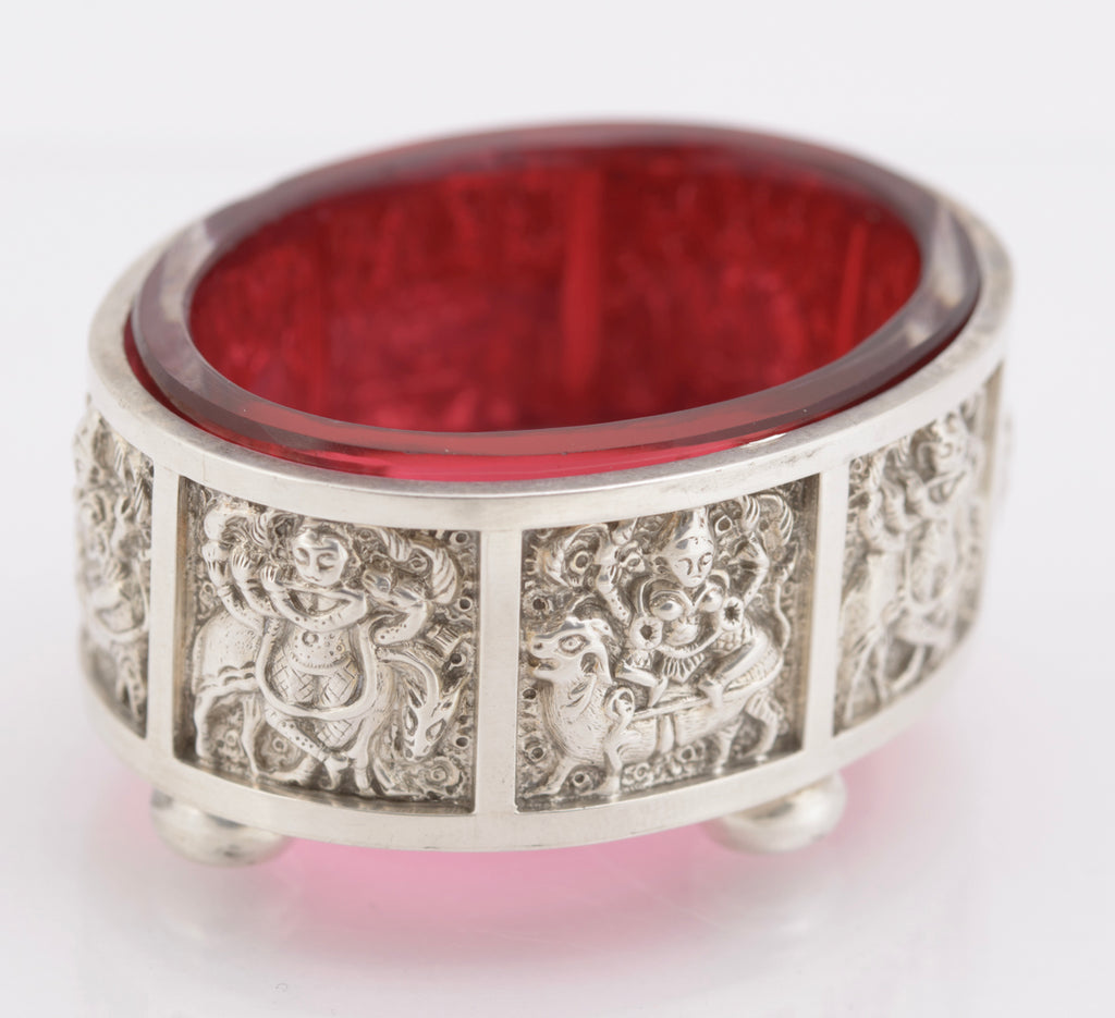 Pair Antique Victorian Sterling Silver & Cranberry Glass Salts Anglo Indian (3233)