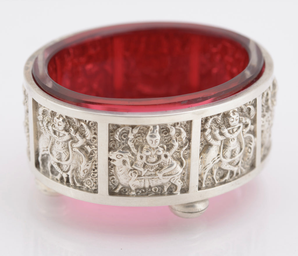 Pair Antique Victorian Sterling Silver & Cranberry Glass Salts Anglo Indian (3233)