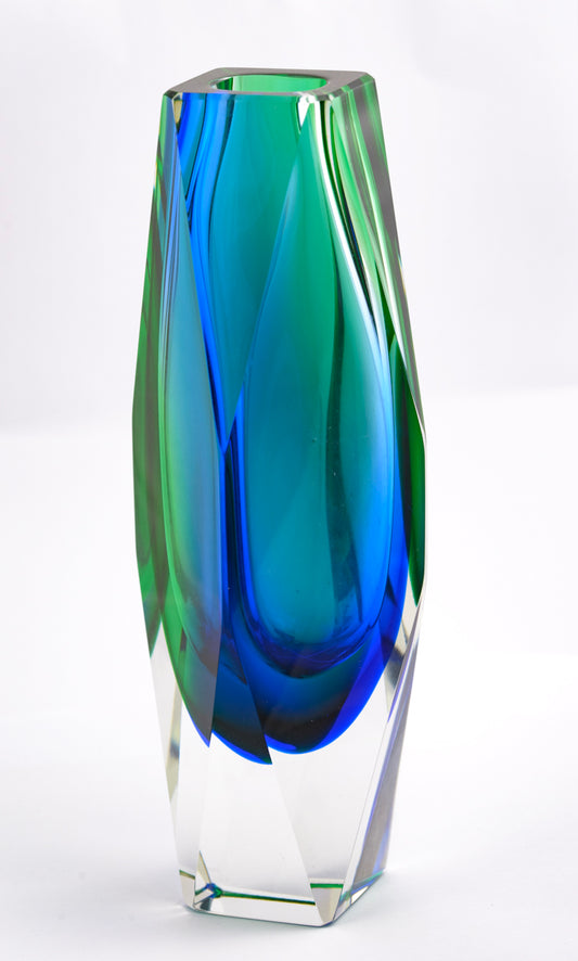 Vintage Murano Sommerso Art Glass Geode Vase Twin Colour Green/Blue (3242)