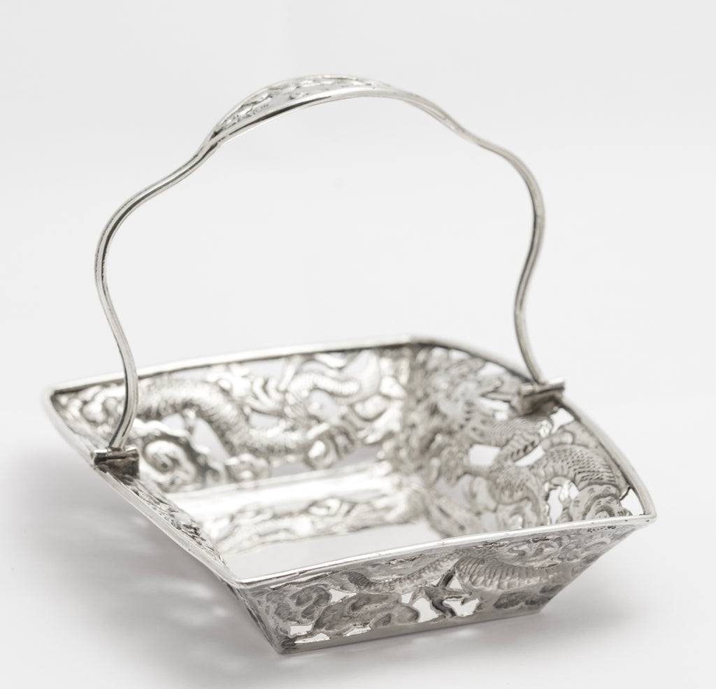 Antique Japanese Silver Swing Handle Basket Meiji Period Dragons & Clouds(3244)