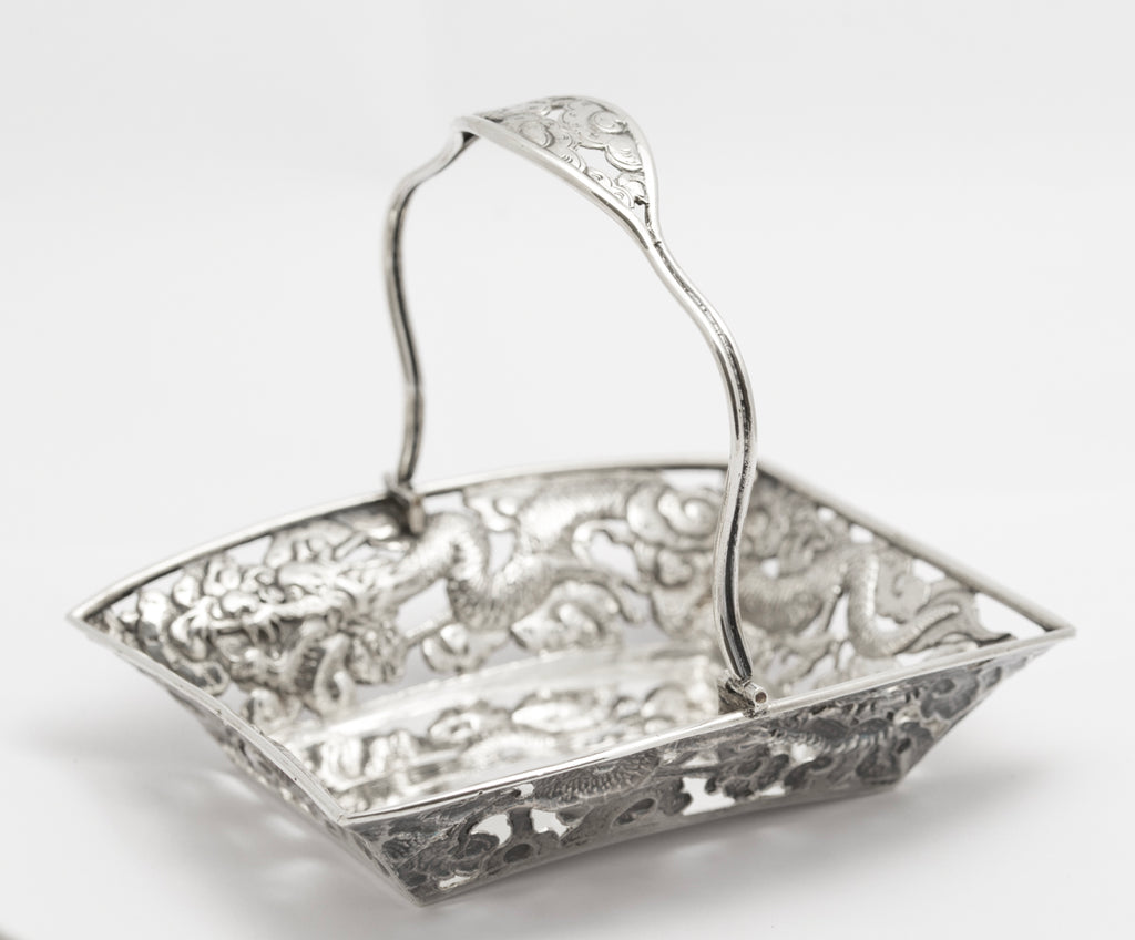 Antique Japanese Silver Swing Handle Basket Meiji Period Dragons & Clouds(3244)