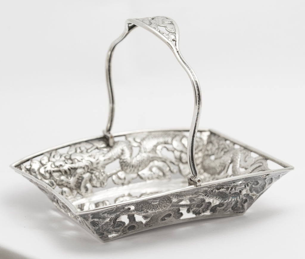 Antique Japanese Silver Swing Handle Basket Meiji Period Dragons & Clouds(3244)
