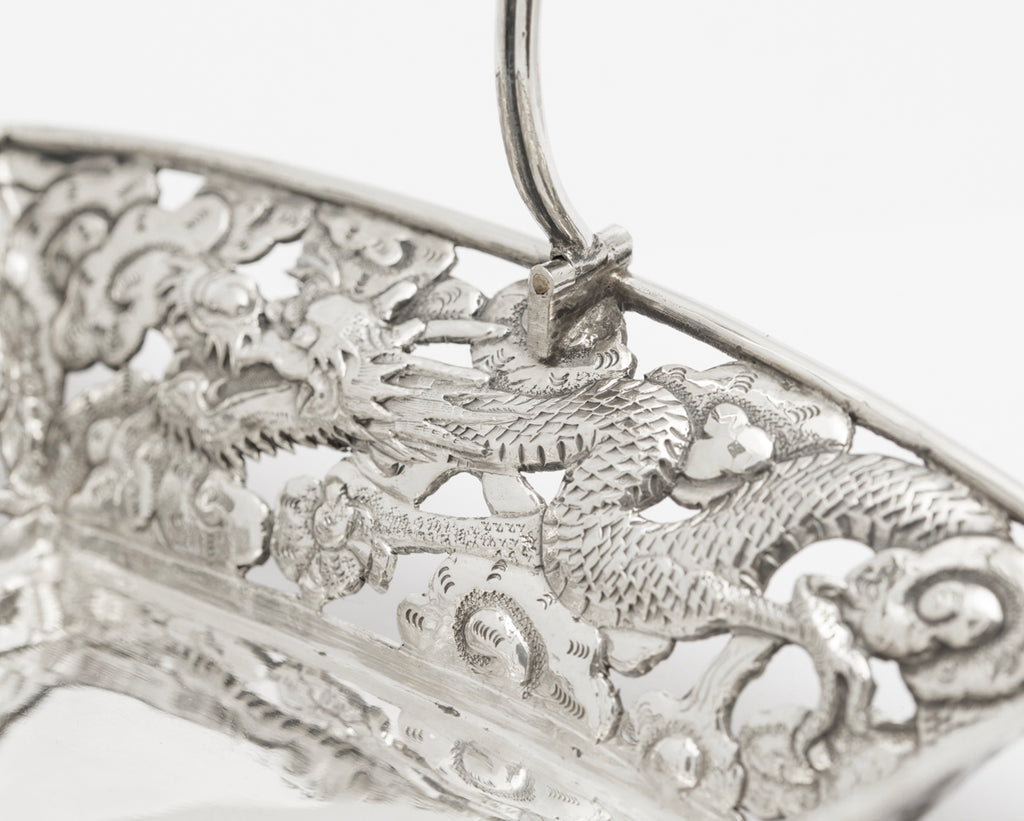 Antique Japanese Silver Swing Handle Basket Meiji Period Dragons & Clouds(3244)