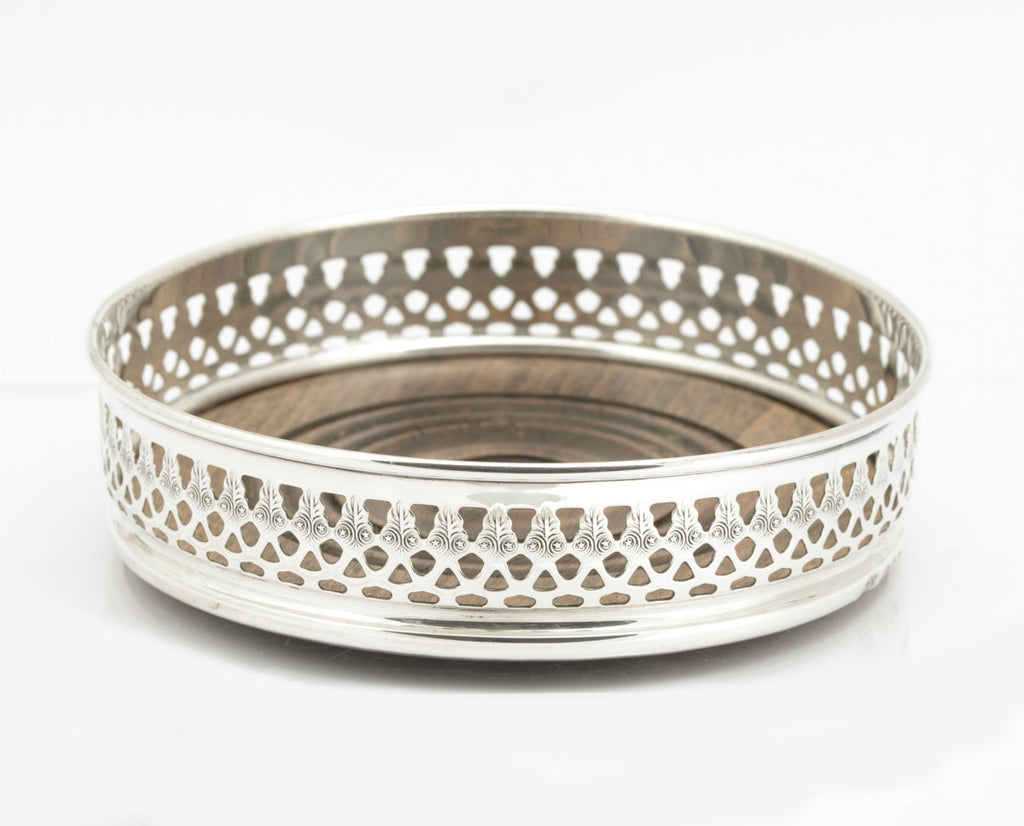 Vintage Sterling Silver Wine Coaster | Turned Oak Base | London 1978 | David Shaw Silverware
