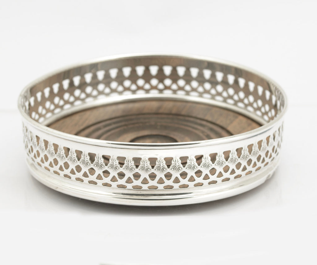 Vintage Sterling Silver Wine Coaster | Turned Oak Base | London 1978 | David Shaw Silverware