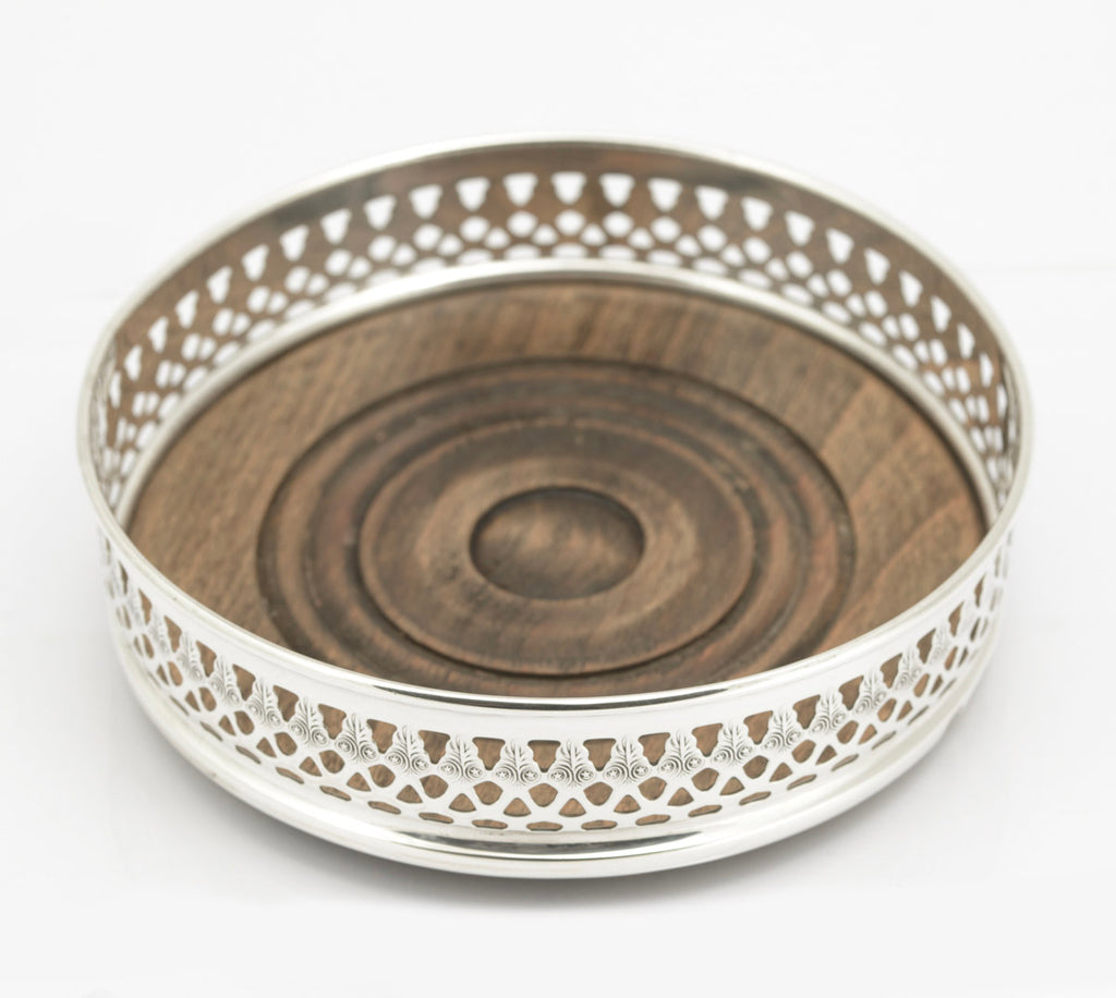 Vintage Sterling Silver Wine Coaster | Turned Oak Base | London 1978 | David Shaw Silverware