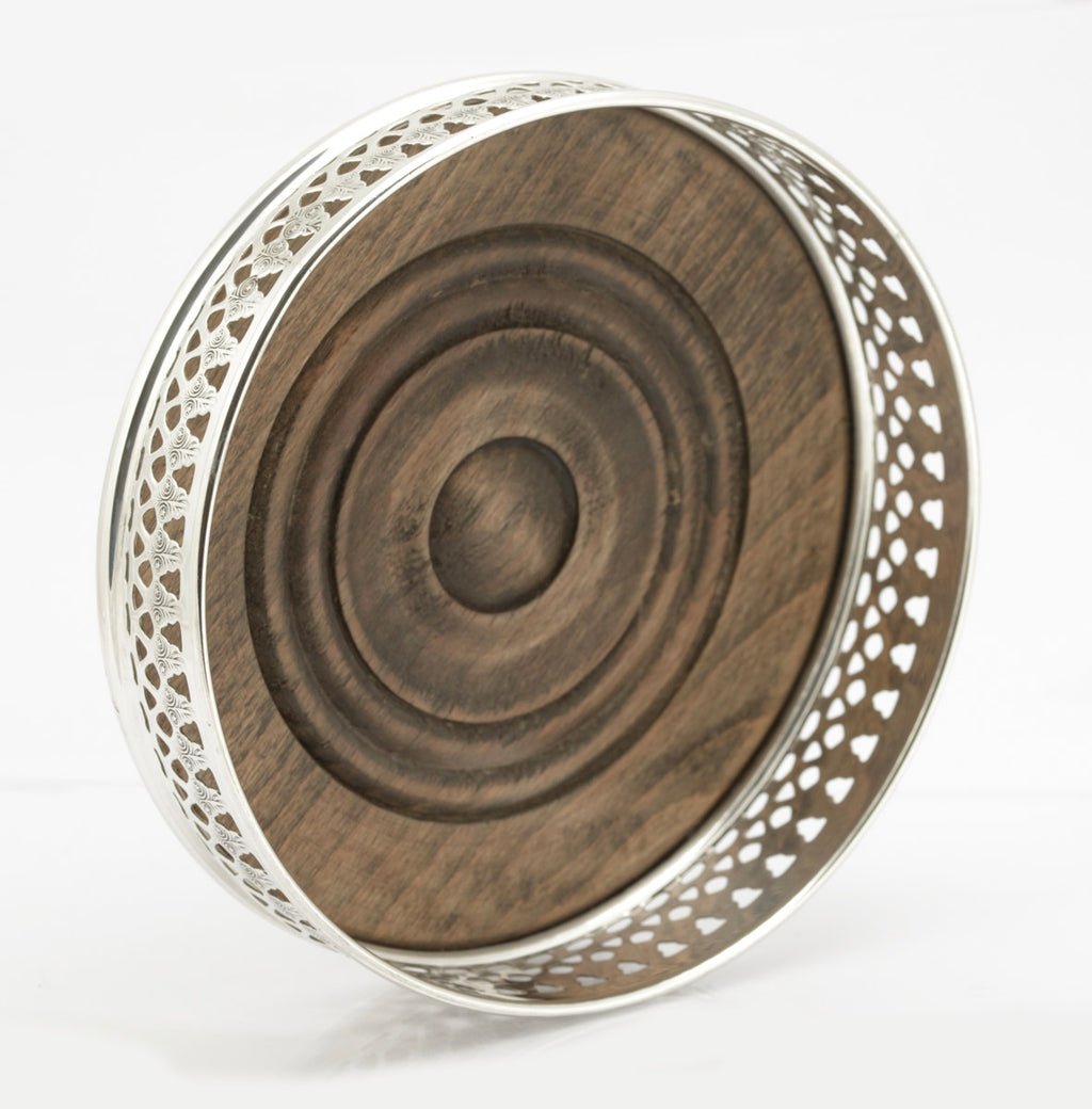 Vintage Sterling Silver Wine Coaster | Turned Oak Base | London 1978 | David Shaw Silverware