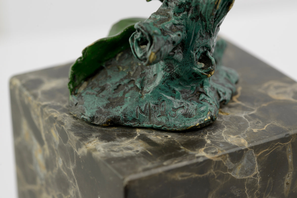 Vintage Cast Bronze Bird On Flower Figure Sculpture Signed Milo Marble Base (3253)