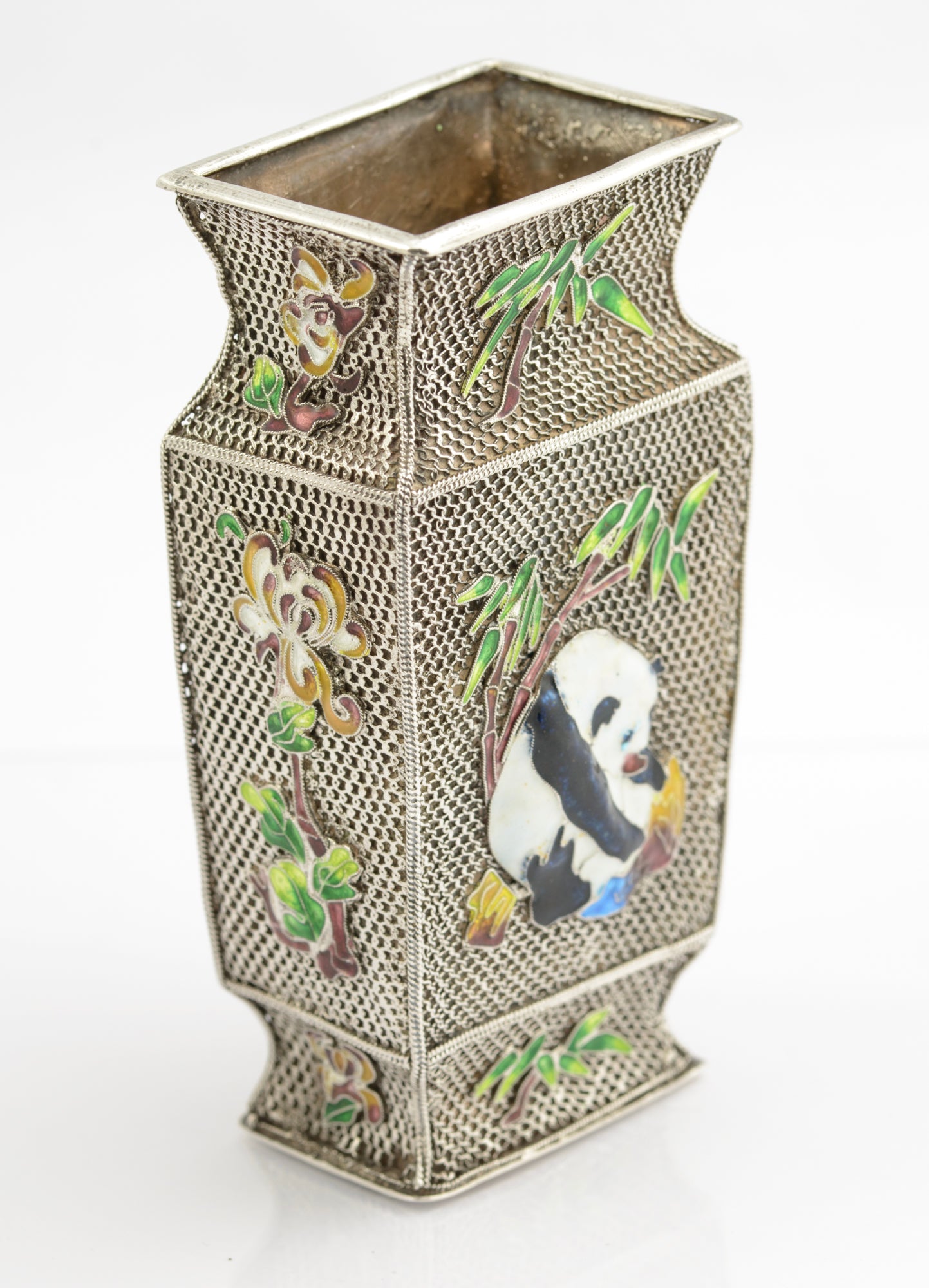 Vintage Chinese Silver Mesh Filigree & Enamel Vase With Panda & Bird (3259)