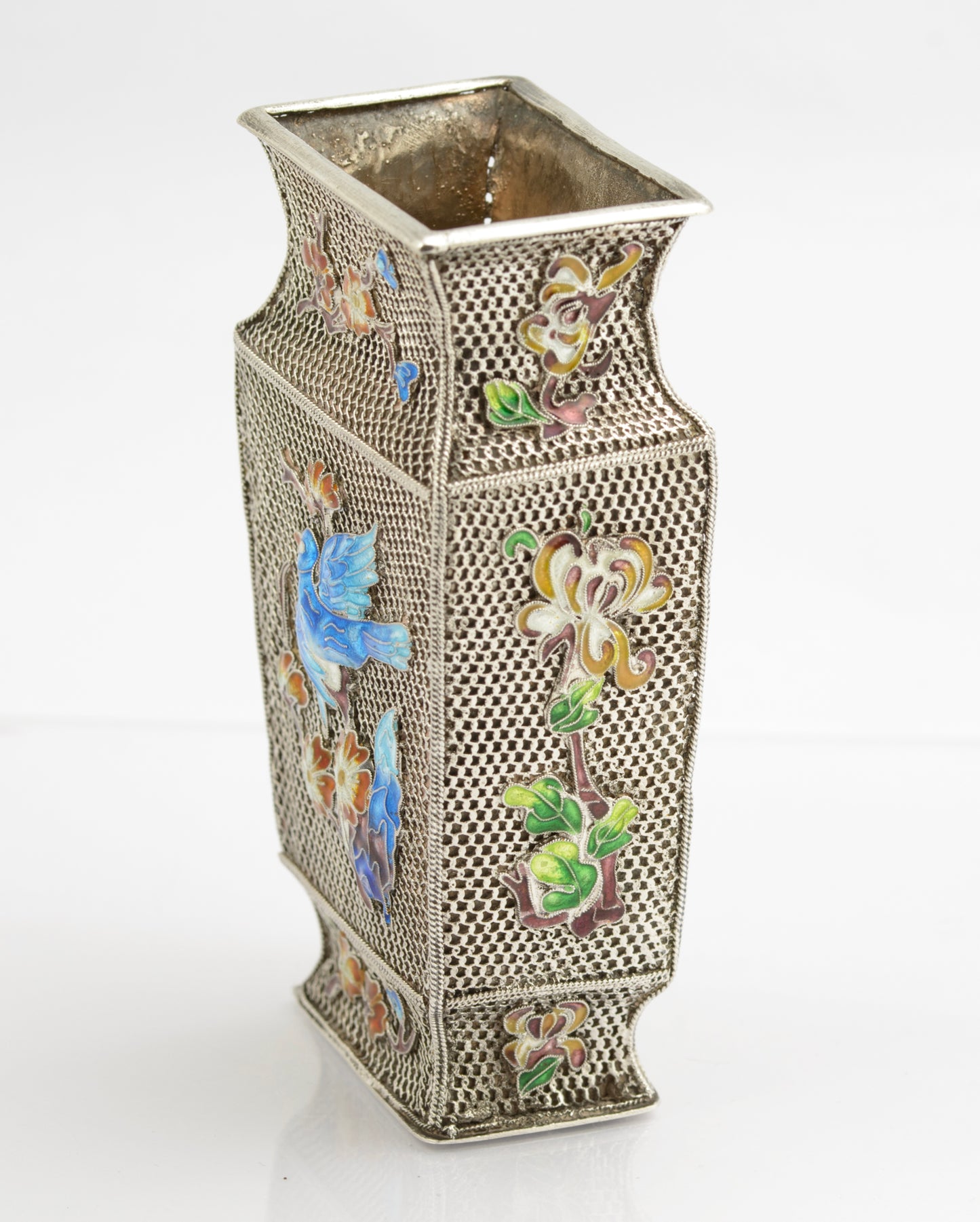 Vintage Chinese Silver Mesh Filigree & Enamel Vase With Panda & Bird (3259)