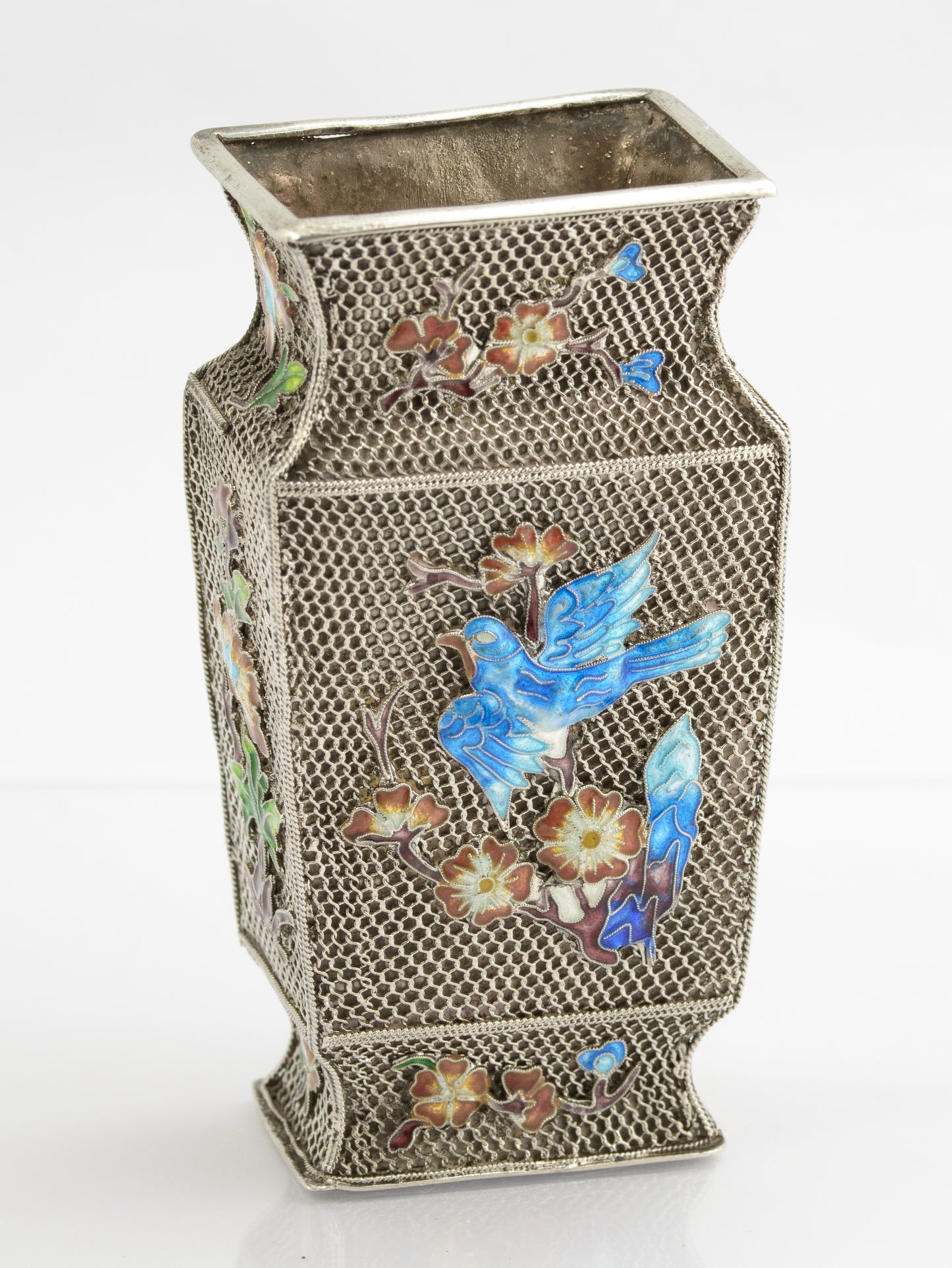 Vintage Chinese Silver Mesh Filigree & Enamel Vase With Panda & Bird (3259)