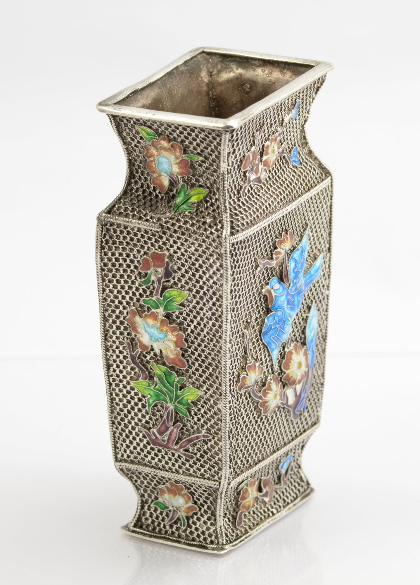 Vintage Chinese Silver Mesh Filigree & Enamel Vase With Panda & Bird (3259)