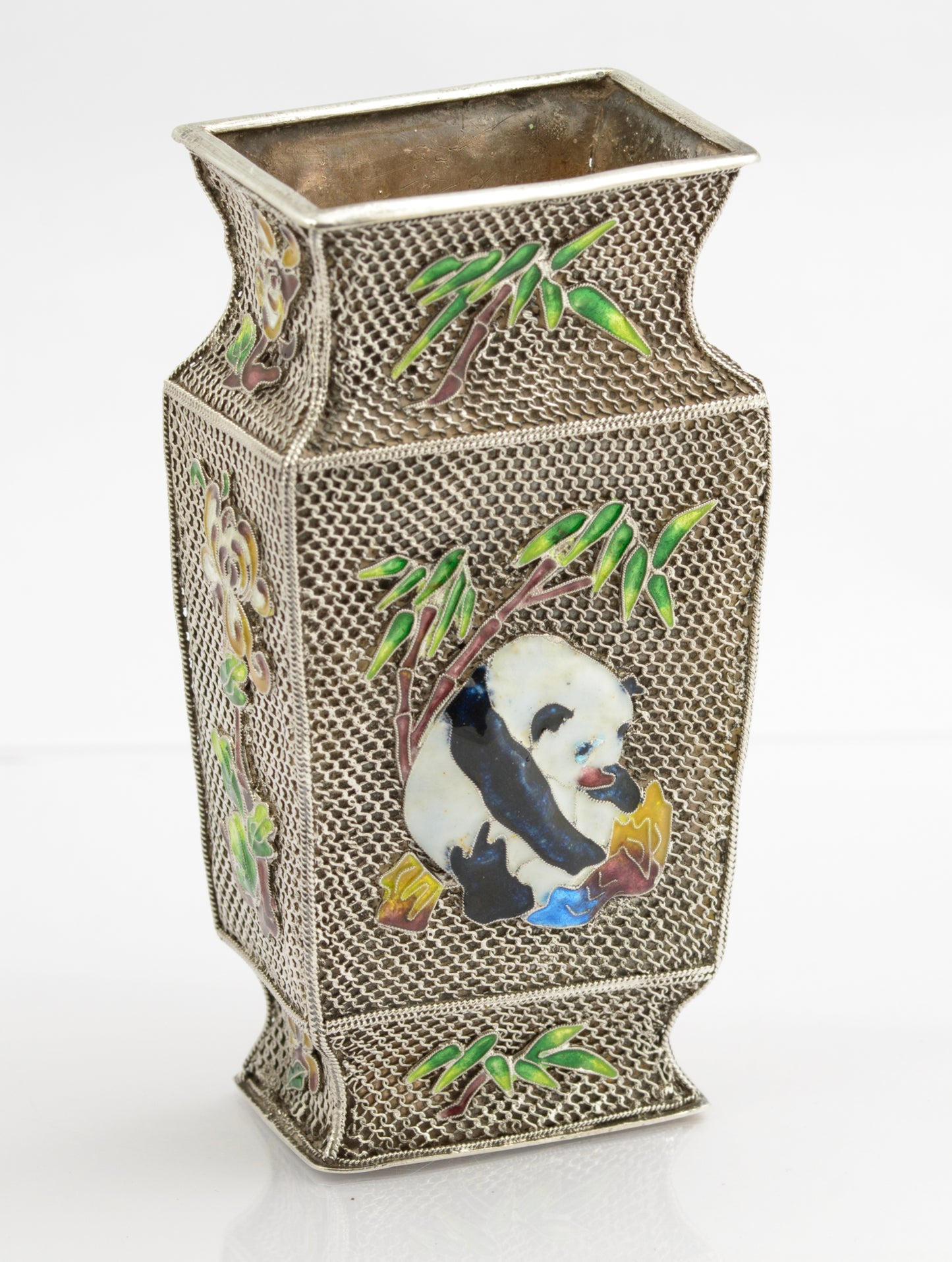 Vintage Chinese Silver Mesh Filigree & Enamel Vase With Panda & Bird (3259)