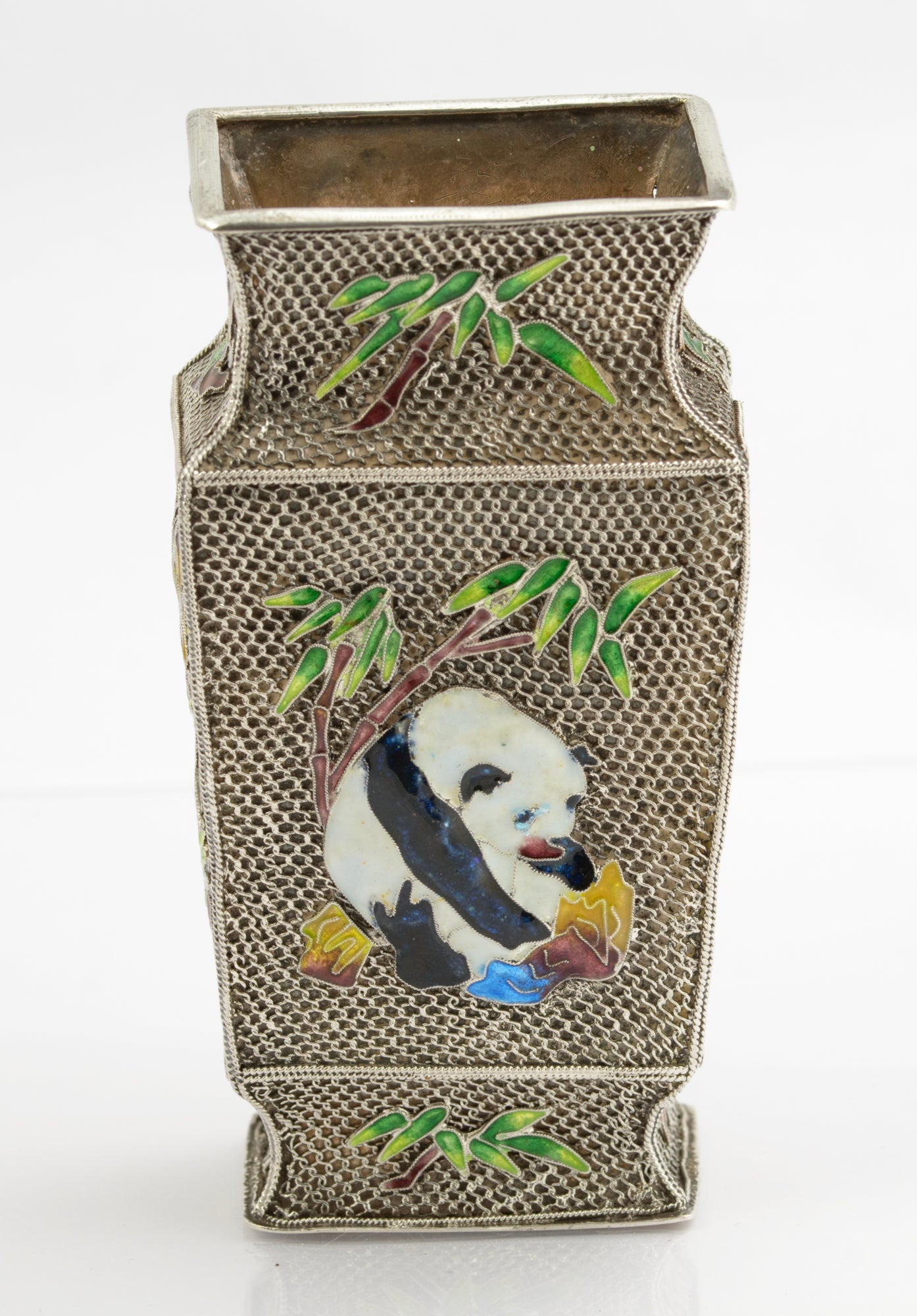 Vintage Chinese Silver Mesh Filigree & Enamel Vase With Panda & Bird (3259)