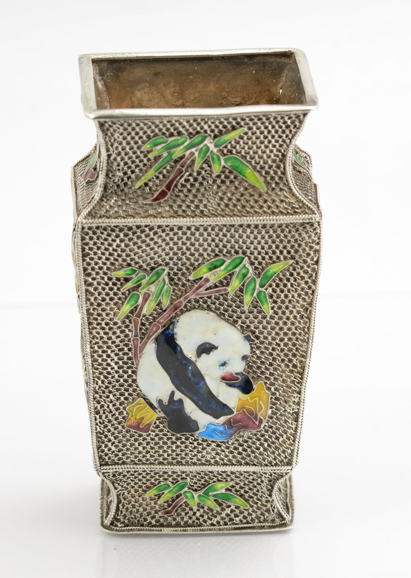 Vintage Chinese Silver Mesh Filigree & Enamel Vase With Panda & Bird (3259)