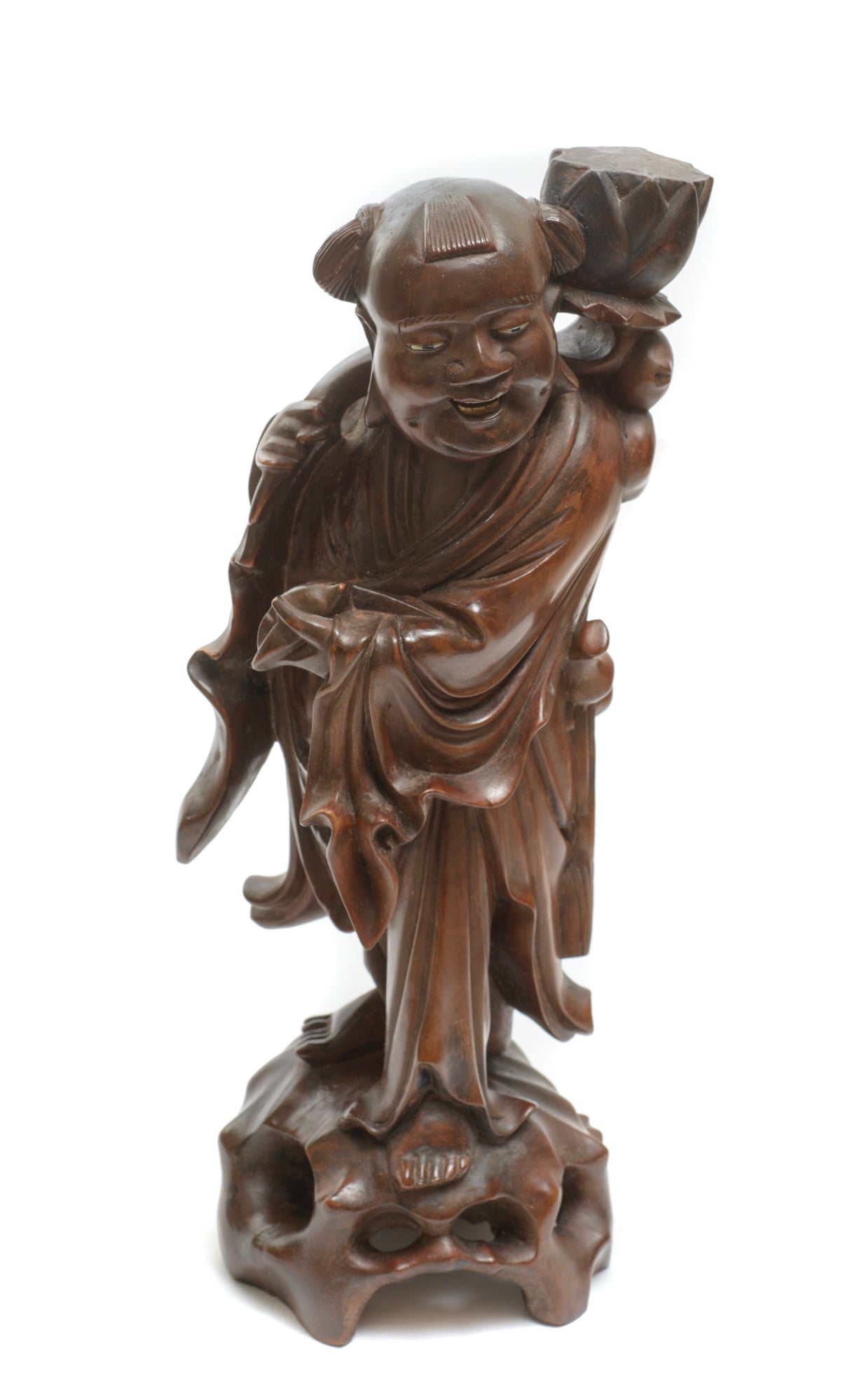 Vintage Chinese Hardwood Carved Figure Luohan Buddhist Traveller (3274)