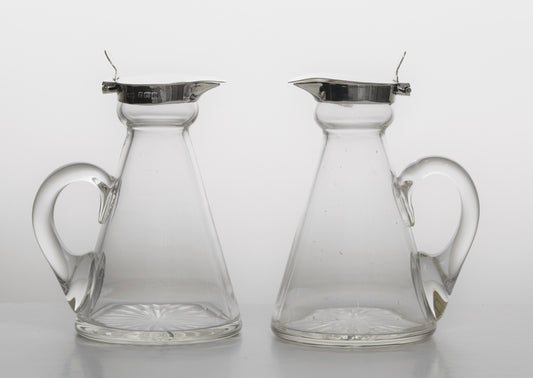Pair Antique Hukin & Heath Whisky Noggin Jugs Sterling Silver Mounts (3276)