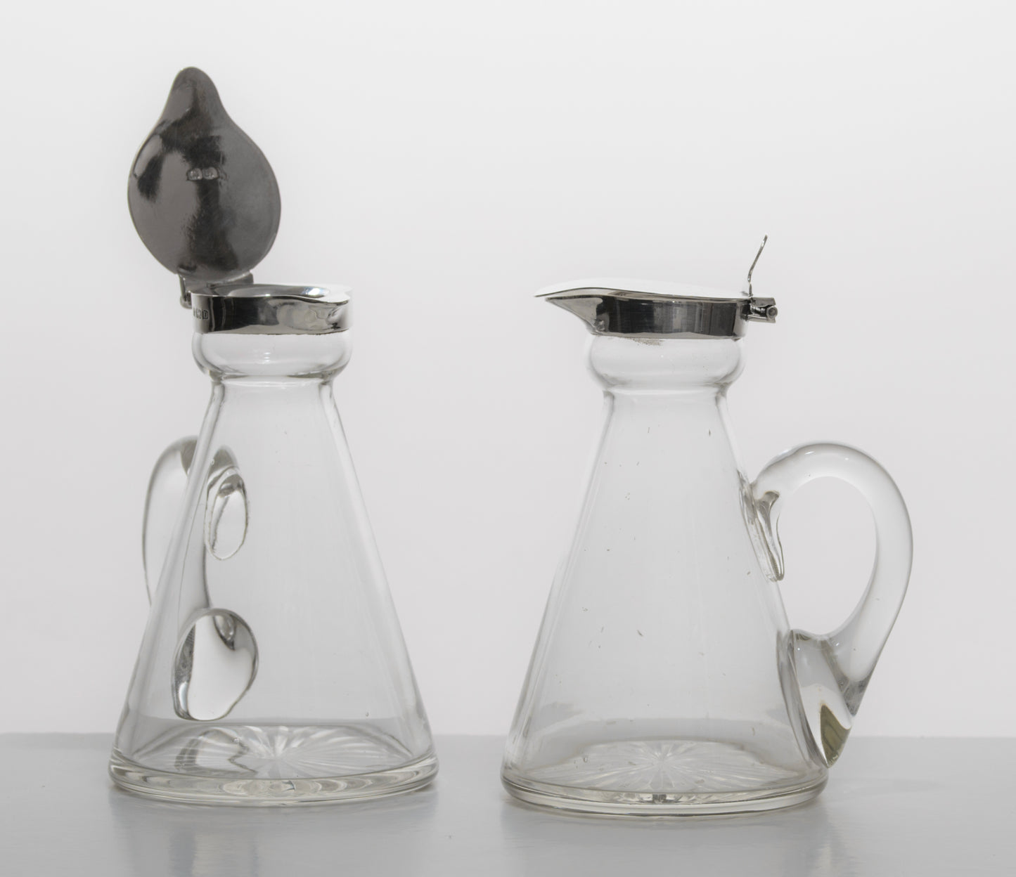 Pair Antique Hukin & Heath Whisky Noggin Jugs Sterling Silver Mounts (3276)